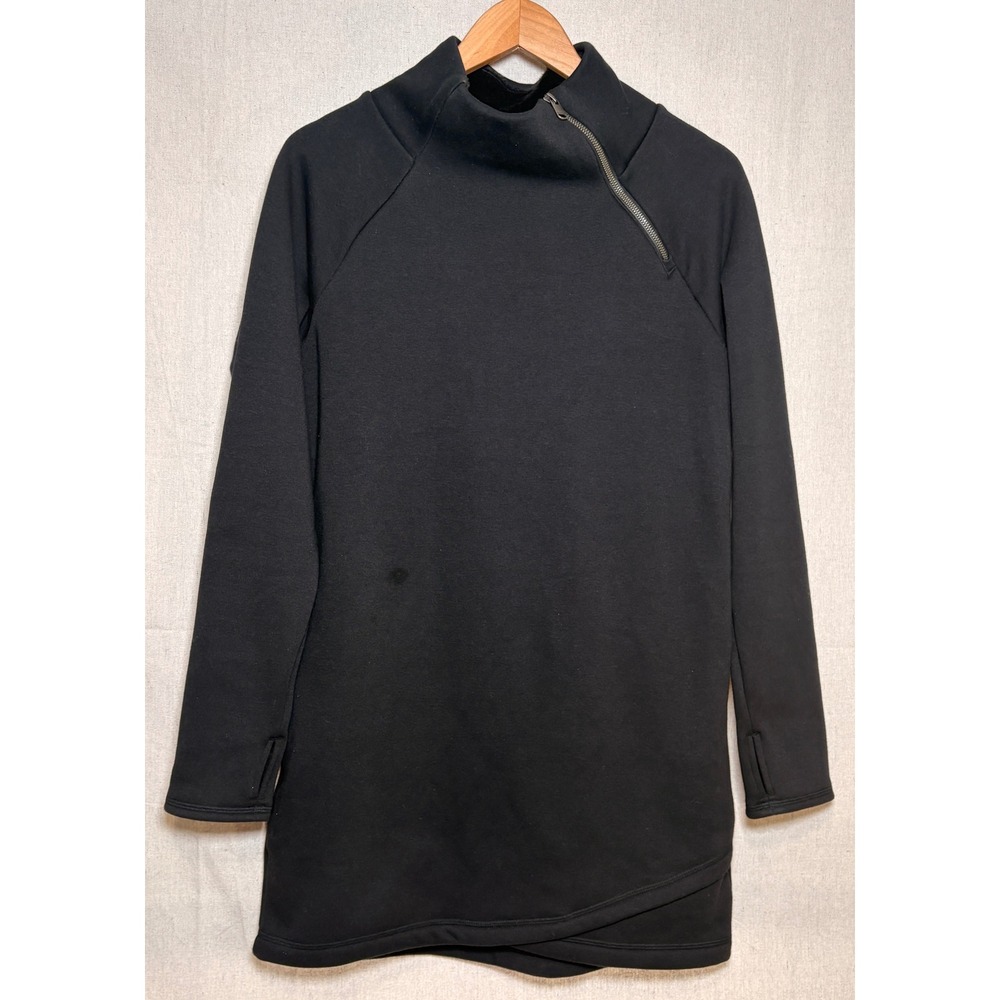 Athleta Cozy Karma Asymmetric Zip Fleece Dress Black Small Thumbholes
